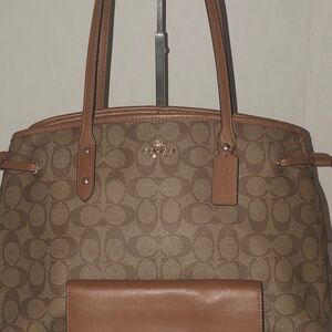 Preowned COACH Signature Drawstring Khaki Shoulder Bag F57842 w Matching Wallet